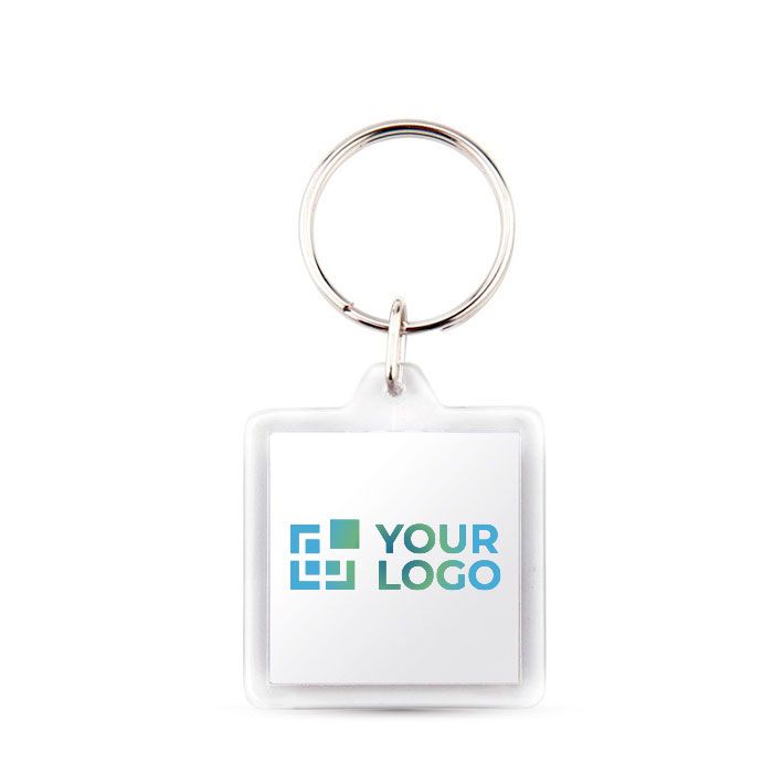 Porte-clés carré avec papier inséré et couvercle en acrylique avec zone d'impression