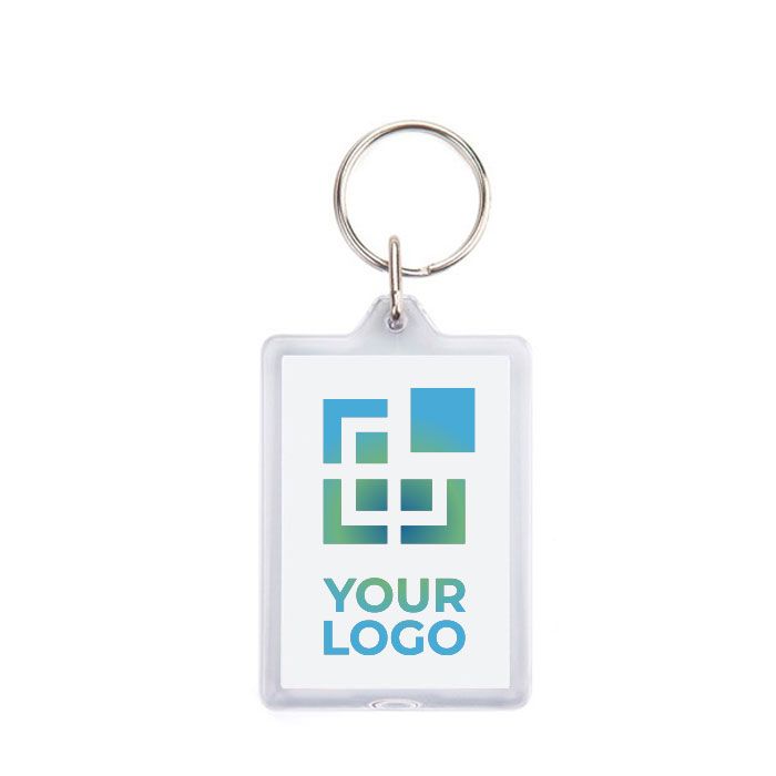 Porte-clés rectangulaire ouverture facile et papier inséré d'un côté avec zone d'impression