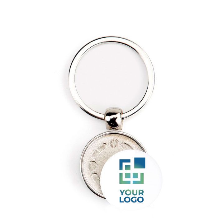 Porte-clés rond en métal avec papier personnalisable sur deux faces avec zone d'impression