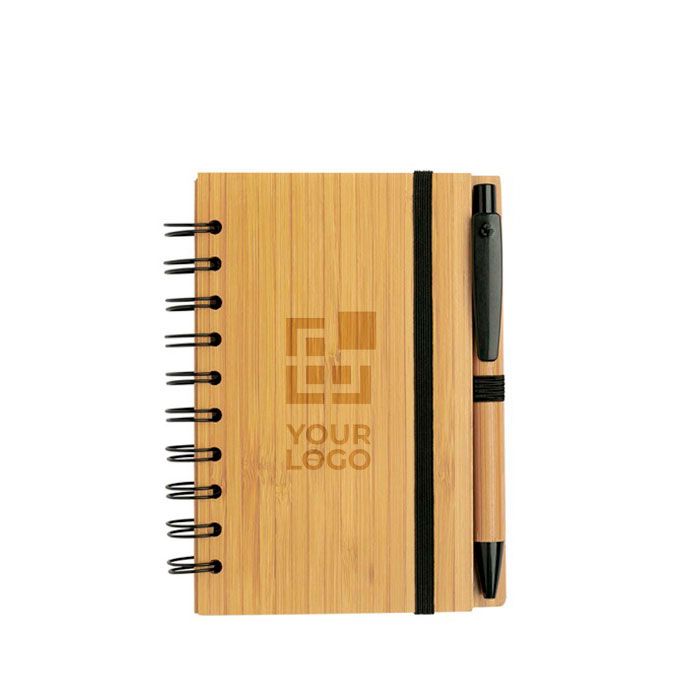Bloc-notes en bambou avec anneaux et stylo A6 pages à lignes avec zone d'impression
