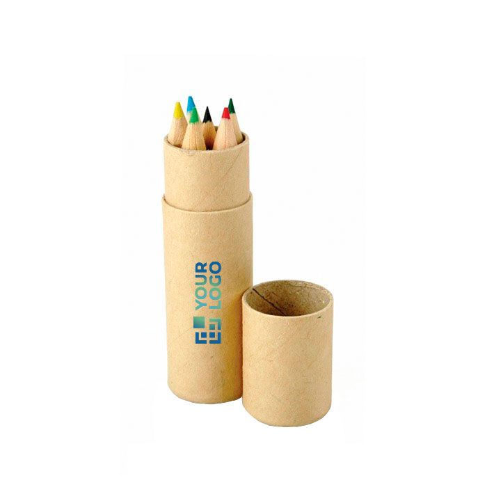 Étui en carton rond avec 6 crayons de couleur en bois avec zone d'impression