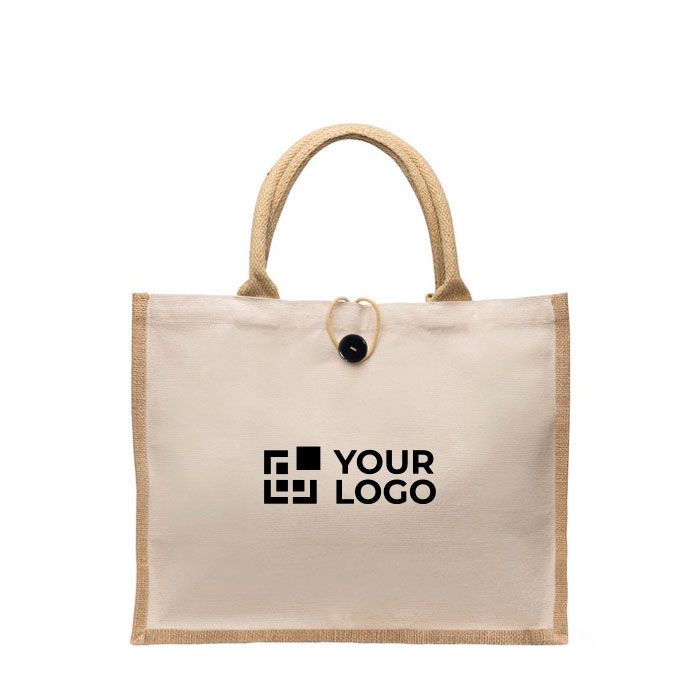 Sac en coton et jute avec bouton de fermeture et poignées 310 g/m² avec zone d'impression