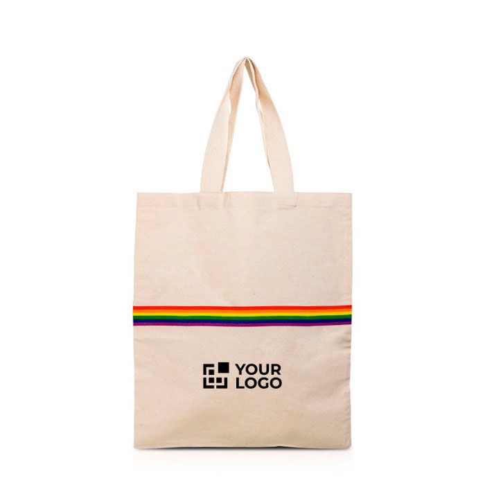 Sac en coton naturel avec bande multicolore et poignées 180 g/m² avec zone d'impression