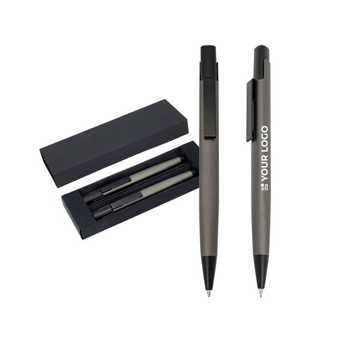 Ensemble stylo et porte-mine en aluminium avec étui, encre noire avec zone d'impression