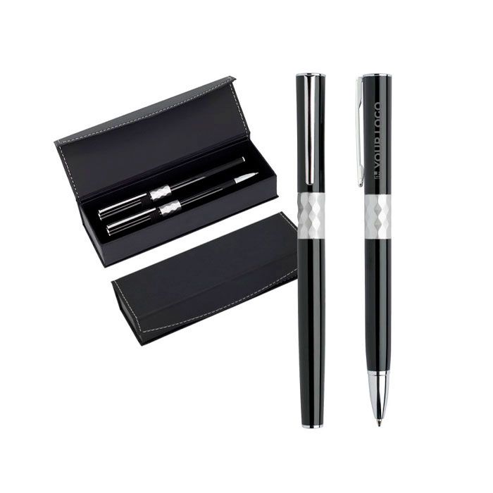 Ensemble roller et stylo en métal design avec boîte, encre noire avec zone d'impression