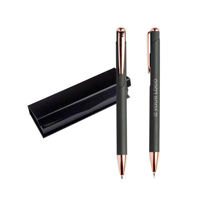 Ensemble stylo et porte-mine avec détails en métal, encre bleue avec zone d'impression