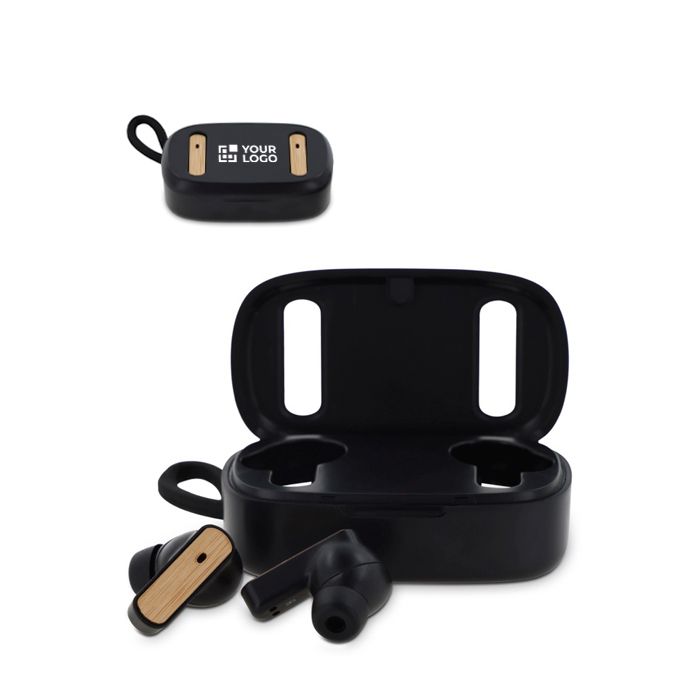Écouteurs sans fil en étui avec détails aspect bambou avec zone d'impression