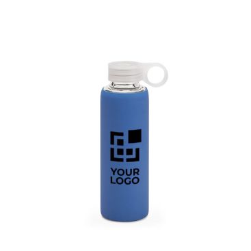 Gourde en verre publicitaire de 380 ml avec étui couleur bleu