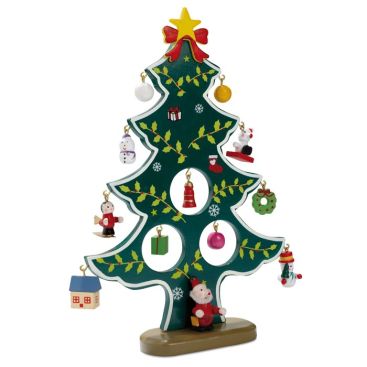 Petit sapin de Noël en bois avec ornements