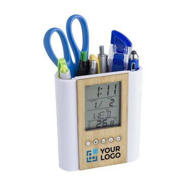 Porte-crayon en bambou avec horloge et logo Multifunctional