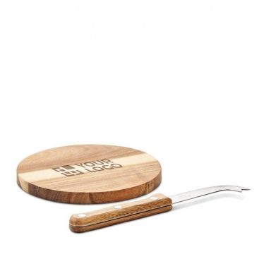 Petit plateau à fromage en bois d'acacia avec couteau vue avec zone d'impression