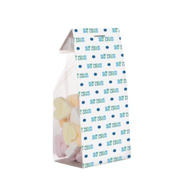 Sachet de cœurs en sucre avec carton publicitaire 100g