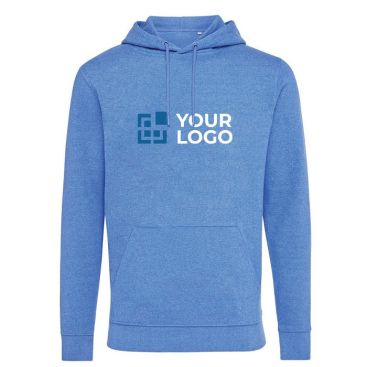 Sweat en coton écologique non teinté 340 g/m2 Iqoniq Torres couleur bleu chiné avec zone d'impression
