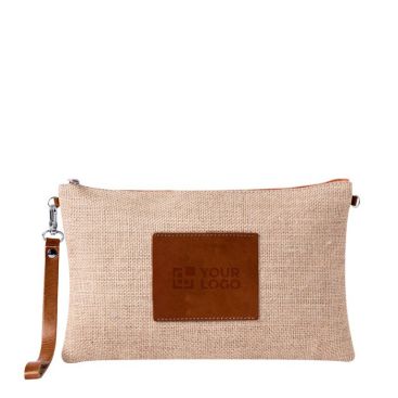 Trousse en jute à cadre central en similicuir et dragonne