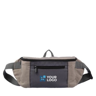 Ceinture banane tricolore en polyester avec poche avant et supérieure couleur taupe avec zone d'impression