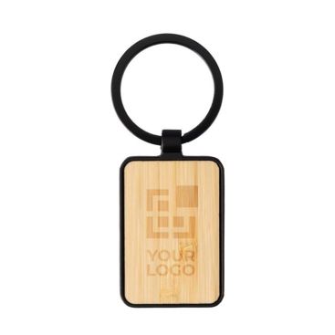 Porte-clés en bambou bordure et attache métallique noire couleur noir avec zone d'impression