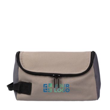Trousse de toilette de voyage en polyester compartiment et poignée couleur taupe avec zone d'impression