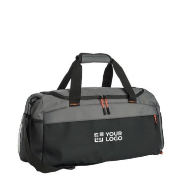 Sac de voyage bicolore avec compartiment latéral pour chaussures couleur gris avec zone d'impression
