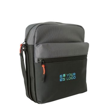 Sac bandoulière bicolore en polyester avec plusieurs compartiments couleur gris avec zone d'impression