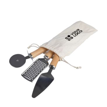 Râpe, spatule pour tartes et coupe-pizza dans sac coton
