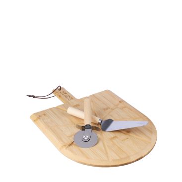 Planche à pizza en bambou avec guides de découpe, coupeur et spatule