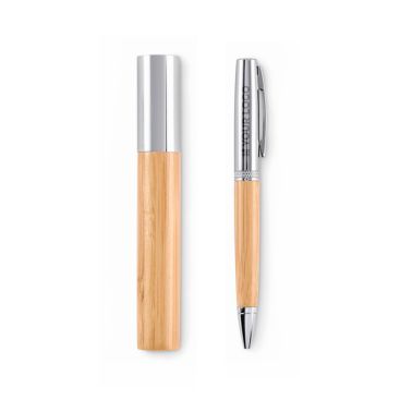 Stylo avec corps en bambou dans étui cylindrique assorti, encre bleue