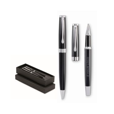 Set avec un stylo à bille bleu et un stylo roller noir dans un étui