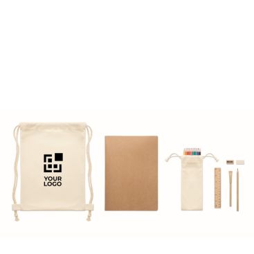 Set de dessin avec couleurs, crayon, gomme, règle et taille-crayon vue avec zone d'impression