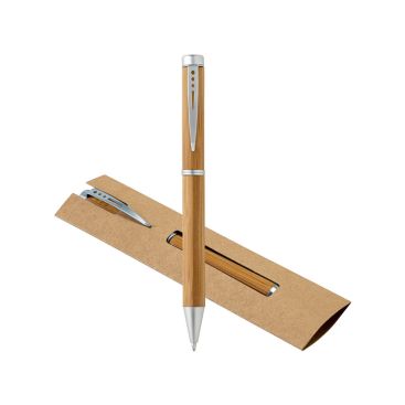 Stylo en bambou avec mécanisme rotatif et clip en métal, encre bleue