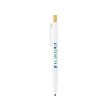 Stylo en plastique recyclé avec bouton poussoir en bambou, encre bleue