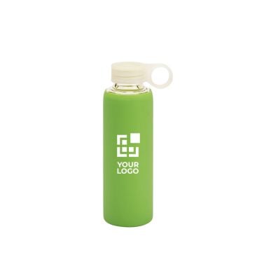 Gourde en verre publicitaire de 380 ml avec étui couleur bleu