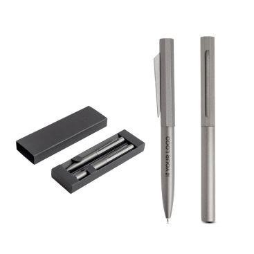 Set stylo et roller en aluminium design hexagonal encre noire