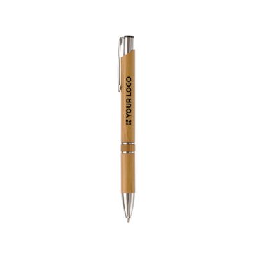 Stylo à bouton-poussoir en bambou avec double anneau argenté au milieu avec zone d'impression