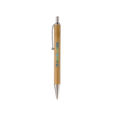 Stylo à bouton-poussoir en bambou et métal avec encre noire avec zone d'impression