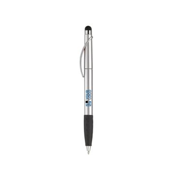 Stylo en plastique avec pointeur et poignée texturée colorée avec zone d'impression