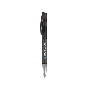 Stylo en plastique transparent coloré avec pointe métallisée avec zone d'impression