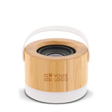 Enceinte sans fil en bambou avec base et anse blanche pour transport avec zone d'impression