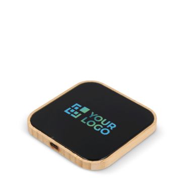 Chargeur sans fil carré en bambou et verre noir 10W avec zone d'impression