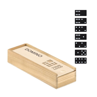 Domino publicitaire dans une boîte en bois couleur bois