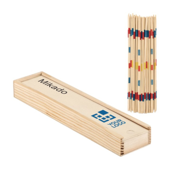 Mikado publicitaire dans une boîte en bois avec zone d'impression