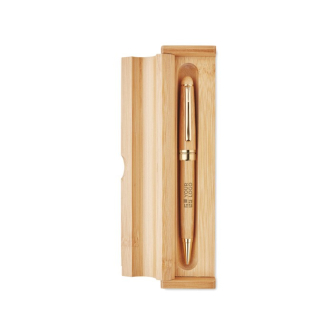 Stylo imprimé dans une boîte en bambou couleur bois