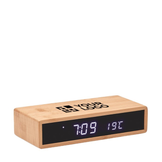 Chargeur sans fil en bambou avec réveil couleur bois