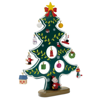 Petit sapin de Noël en bois avec ornements