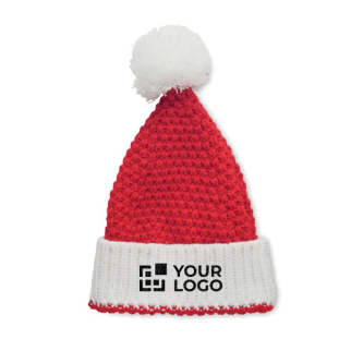 Bonnet de Noël en acrylique souple et élastique avec revers et pompon vue avec zone d'impression