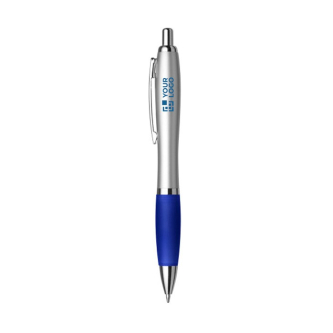 Stylo argenté avec grip antidérapant coloré, mine bleue