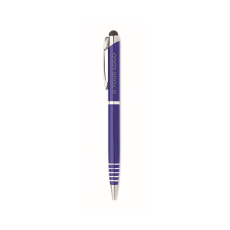 Stylo à rotation en aluminium recyclé à mine bleue et stylet vue avec zone d'impression