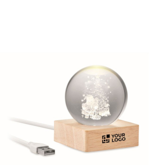 Boule de Noël en verre avec lumière LED sur base en bois