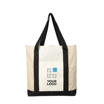 Sac en RPET avec fermeture éclair sur le dessus et poche avant couleur beige avec zone d'impression