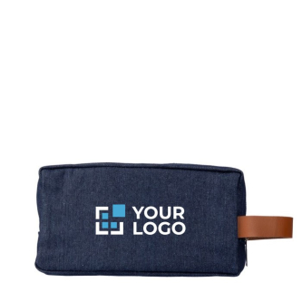 Trousse de toilette en jean avec poignée latérale en simili cuir couleur bleu avec zone d'impression
