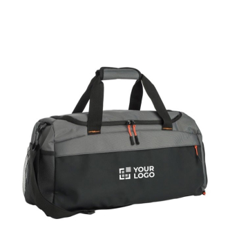 Sac de voyage bicolore avec compartiment latéral pour chaussures couleur gris avec zone d'impression